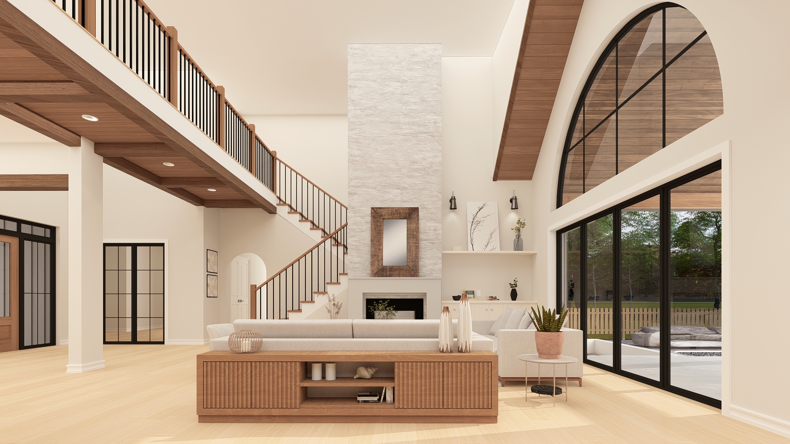 Great room with cathedral ceiling and arched window